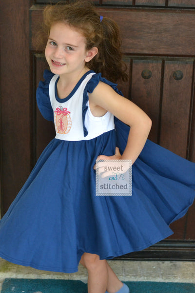 Monogrammed fall pumpkin ruffle dress in color block navy and white personalized, pumpkin patch dress outfit, thanksgiving dress