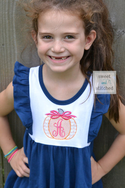 Monogrammed fall pumpkin ruffle dress in color block navy and white personalized, pumpkin patch dress outfit, thanksgiving dress