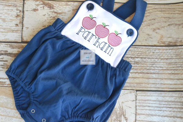 Monogrammed baby boy back to school outfit, monogrammed boys apple outfit in color block navy, cross backed sunsuit preschool outfit