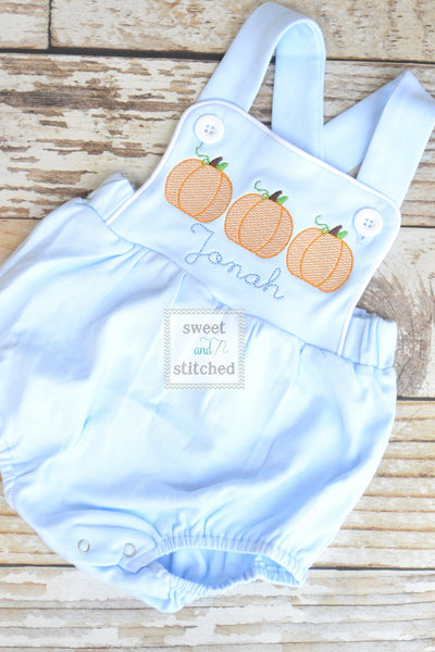 Monogrammed boys pumpkin romper in baby blue, Boys halloween fall outfit with pumpkins, baby boy bubble romper, baby boy thanksgiving outfit
