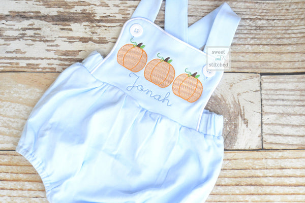 Monogrammed boys pumpkin romper in baby blue, Boys halloween fall outfit with pumpkins, baby boy bubble romper, baby boy thanksgiving outfit