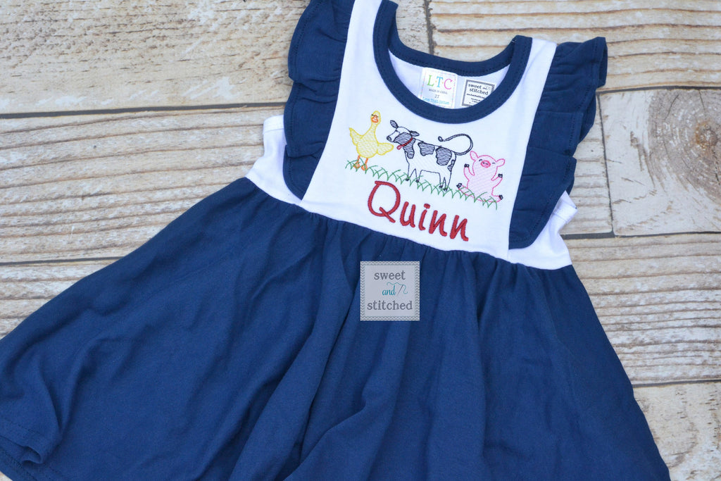 Monogrammed farm animal ruffle dress in color block navy and white personalized, farm birthday outfit, barnyard cake smash outfit
