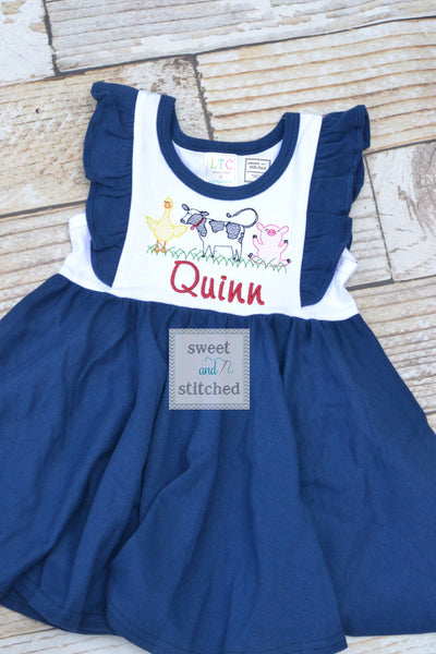 Monogrammed farm animal ruffle dress in color block navy and white personalized, farm birthday outfit, barnyard cake smash outfit