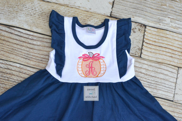 Monogrammed fall pumpkin ruffle dress in color block navy and white personalized, pumpkin patch dress outfit, thanksgiving dress