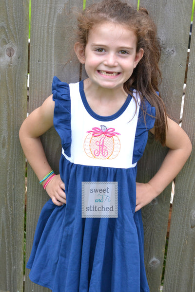 Monogrammed fall pumpkin ruffle dress in color block navy and white personalized, pumpkin patch dress outfit, thanksgiving dress