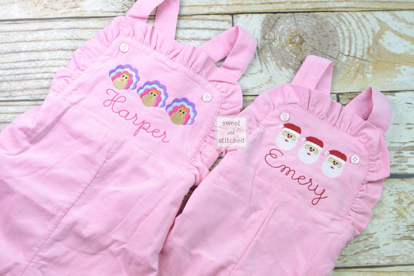 Baby girl monogrammed fall turkey overalls, monogrammed corduroy overalls, Pink Cord thanksgiving outfit, thanksgiving outfit