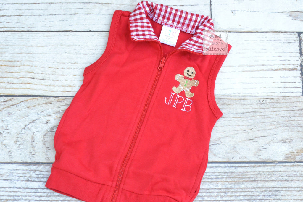 Monogrammed Boys Christmas vest with gingerbread design, Monogrammed C –  Sweet and Stitched