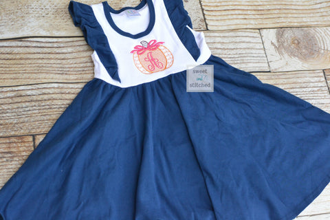 Monogrammed fall pumpkin ruffle dress in color block navy and white personalized, pumpkin patch dress outfit, thanksgiving dress