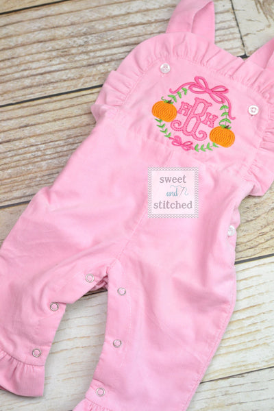 Baby girl monogrammed fall pumpkin overalls with sweet pumpkin monogram frame, monogrammed corduroy overalls, Pink Cord thanksgiving outfit