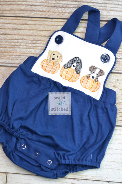 Monogrammed baby boy pumpkin outfit, monogrammed boys fall halloween thanksgiving outfit, bubble romper with puppies and pumpkins