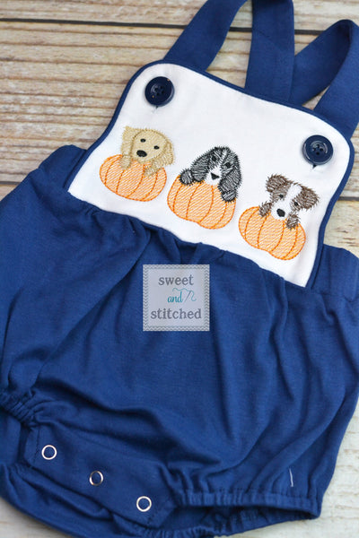 Monogrammed baby boy pumpkin outfit, monogrammed boys fall halloween thanksgiving outfit, bubble romper with puppies and pumpkins