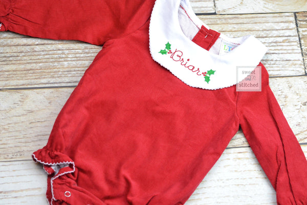 Baby girl monogrammed Christmas bishop bubble in red corduroy, Ruffle Christmas bubble, girls Christmas outfit