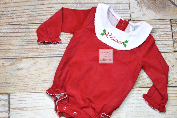 Baby girl monogrammed Christmas bishop bubble in red corduroy, Ruffle Christmas bubble, girls Christmas outfit