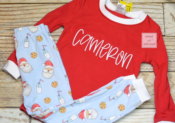 Kids Christmas Pajamas (Pjs, Jammies) in new Style 2021 with santa, cookies and milk design, monogrammed Christmas pjs, christmas jammies