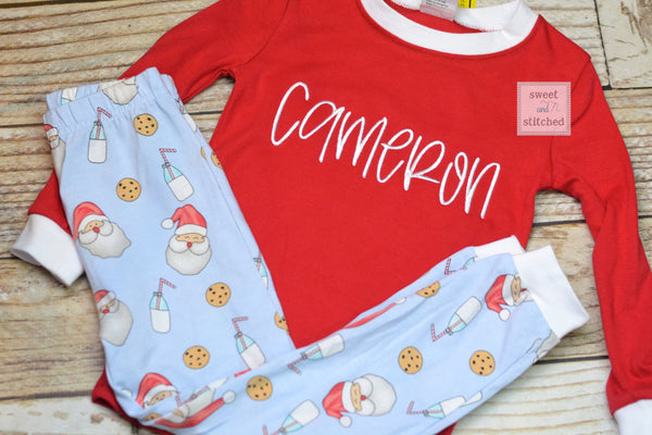 Kids Christmas Pajamas (Pjs, Jammies) in new Style 2021 with santa, cookies and milk design, monogrammed Christmas pjs, christmas jammies