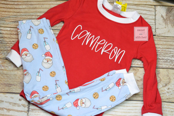 Kids Christmas Pajamas (Pjs, Jammies) in new Style 2021 with santa, cookies and milk design, monogrammed Christmas pjs, christmas jammies