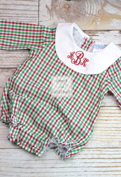 Baby girl monogrammed Christmas bishop bubble in red green and white gingham, Ruffle Christmas bubble, girls Christmas outfit