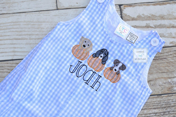 Personalized Boys Pumpkin outfit with pumpkin dogs design and name - Baby Boy fall, halloween, thanksgiving Outfit, thanksgiving overalls