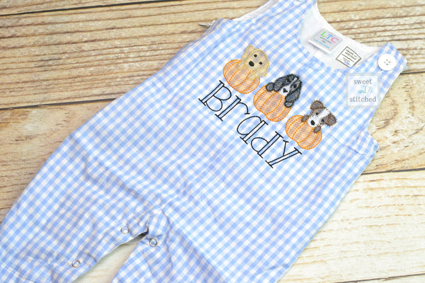 Personalized Boys Pumpkin outfit with pumpkin dogs design and name - Baby Boy fall, halloween, thanksgiving Outfit, thanksgiving overalls