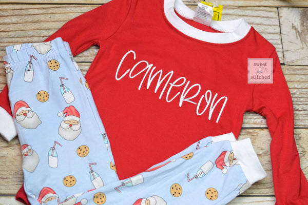 Kids Christmas Pajamas (Pjs, Jammies) in new Style 2021 with santa, cookies and milk design, monogrammed Christmas pjs, christmas jammies