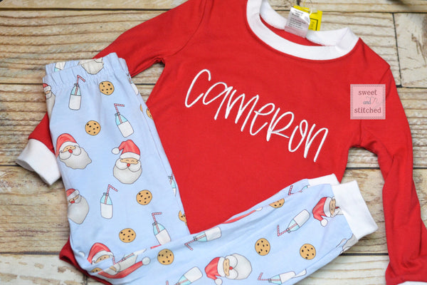 Kids Christmas Pajamas (Pjs, Jammies) in new Style 2021 with santa, cookies and milk design, monogrammed Christmas pjs, christmas jammies
