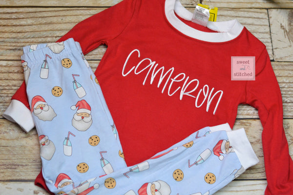 Kids Christmas Pajamas (Pjs, Jammies) in new Style 2021 with santa, cookies and milk design, monogrammed Christmas pjs, christmas jammies