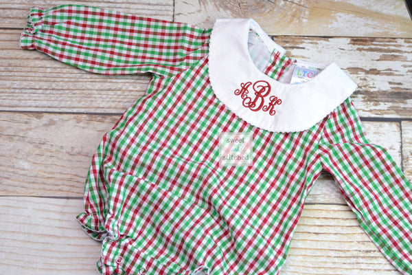 Baby girl monogrammed Christmas bishop bubble in red green and white gingham, Ruffle Christmas bubble, girls Christmas outfit