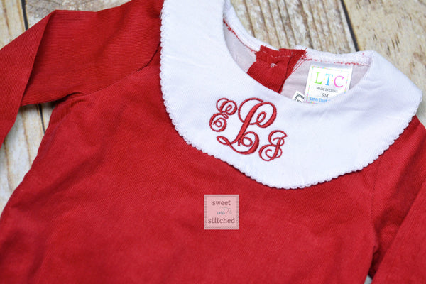 Baby girl monogrammed Christmas bishop bubble in red corduroy, 1st Christmas outfit, Ruffle Christmas bubble, girls Christmas outfit