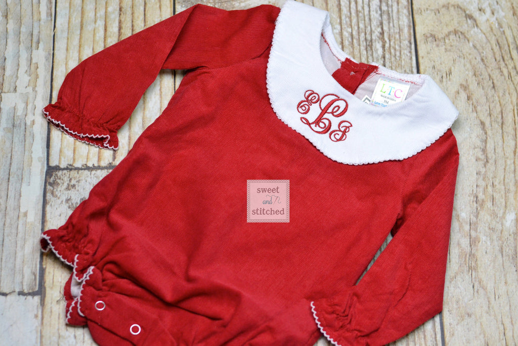 Baby girl monogrammed Christmas bishop bubble in red corduroy, 1st Christmas outfit, Ruffle Christmas bubble, girls Christmas outfit