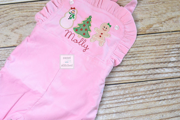 Baby girl monogrammed Christmas overalls with Christmas cookie design, monogrammed corduroy overalls, gingerbread girl Christmas outfit