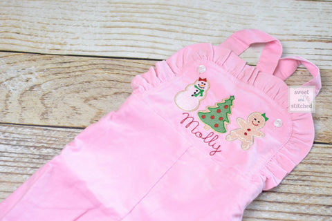 Baby girl monogrammed Christmas overalls with Christmas cookie design, monogrammed corduroy overalls, gingerbread girl Christmas outfit