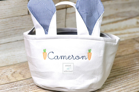 Monogrammed Easter baskets in white seersucker with carrot design, easter baskets personalized, seersucker tote bags monogrammed