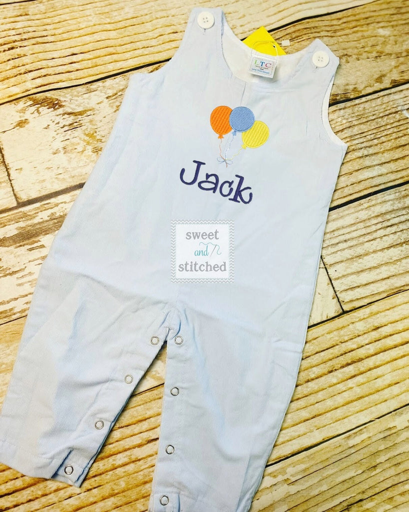 Personalized Boys Corduroy Birthday outfit with balloon birthday design and name - Baby Boy cake smash Outfit, Birthday overalls,