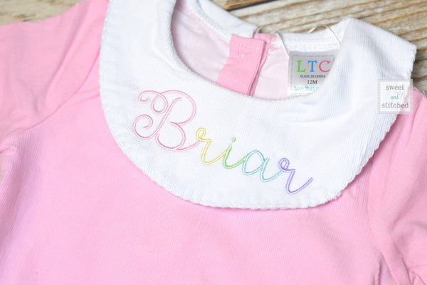 Baby girl monogrammed bishop bubble in pink corduroy, baptism outfit, baby shower gift, 1st birthday outfit, rainbow outfit