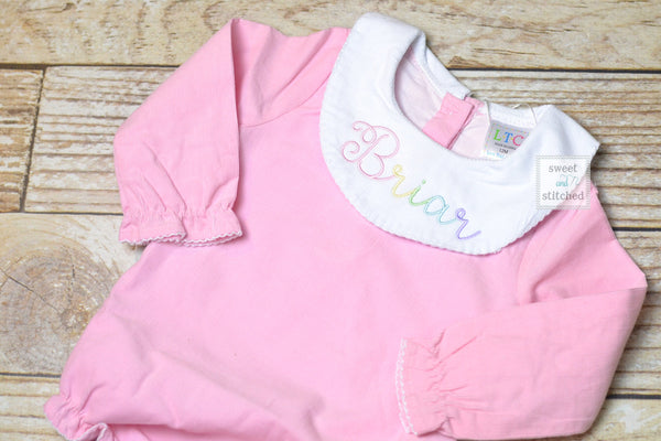 Baby girl monogrammed bishop bubble in pink corduroy, baptism outfit, baby shower gift, 1st birthday outfit, rainbow outfit