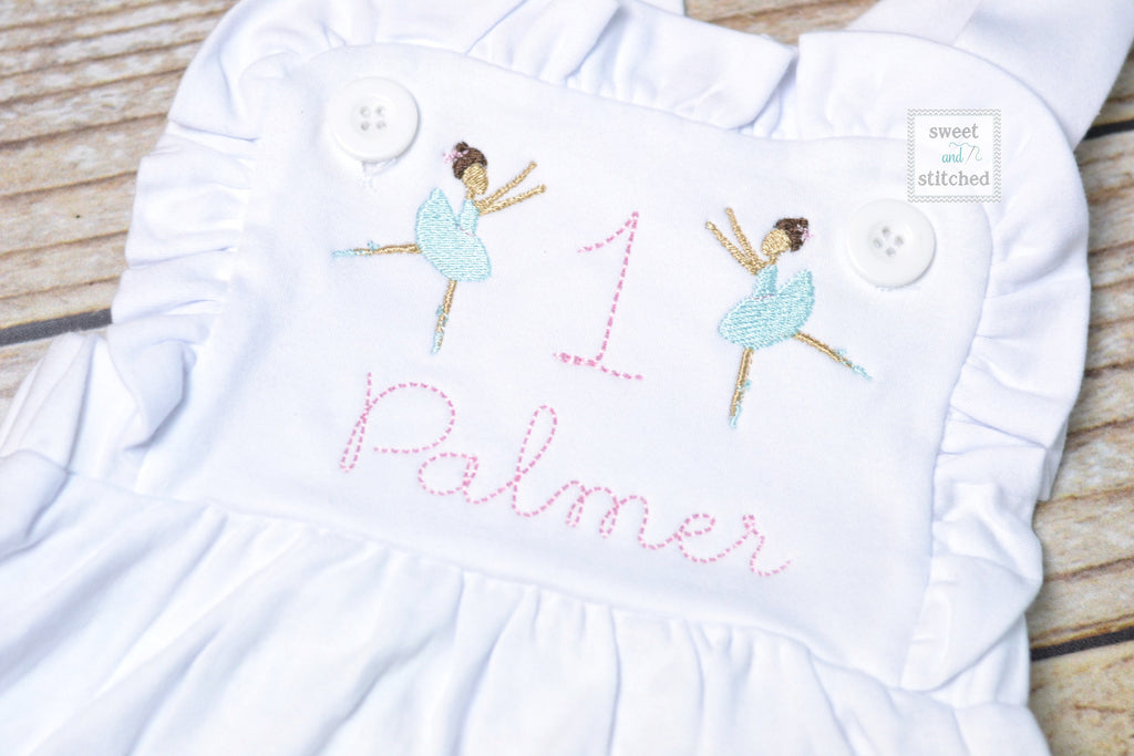 Monogrammed baby girl cake smash outfit with ballerinas and name, girls ballerina bubble outfit, 1st birthday ballet themed cake smash