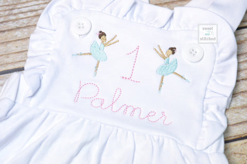 Monogrammed baby girl cake smash outfit with ballerinas and name, girls ballerina bubble outfit, 1st birthday ballet themed cake smash