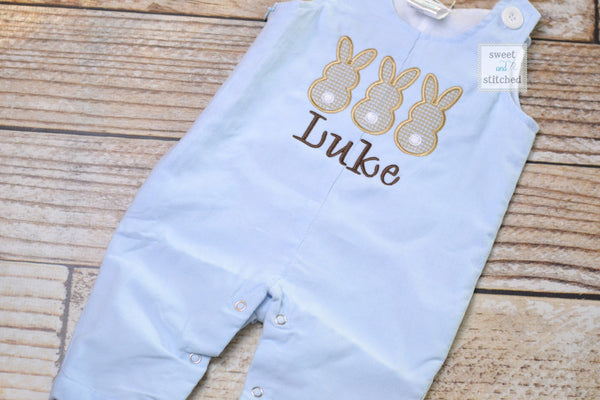 Personalized Boys Corduroy Easter outfit with bunny design and name - Baby Boy Easter Outfit, Easter overalls, Easter monogrammed outfit