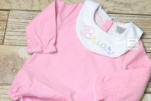 Baby girl monogrammed bishop bubble in pink corduroy, baptism outfit, baby shower gift, 1st birthday outfit, rainbow outfit