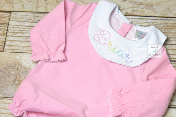 Baby girl monogrammed bishop bubble in pink corduroy, baptism outfit, baby shower gift, 1st birthday outfit, rainbow outfit