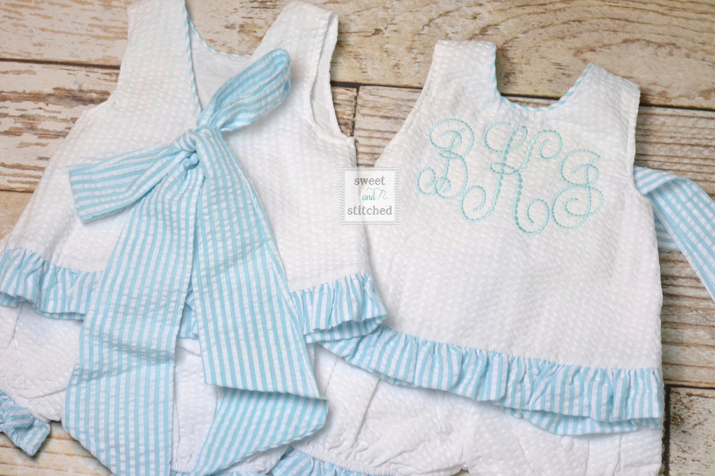 Baby girl swing back bloomer set in aqua, Monogrammed baby girl outfit, baby bloomer set, personalized swing back set