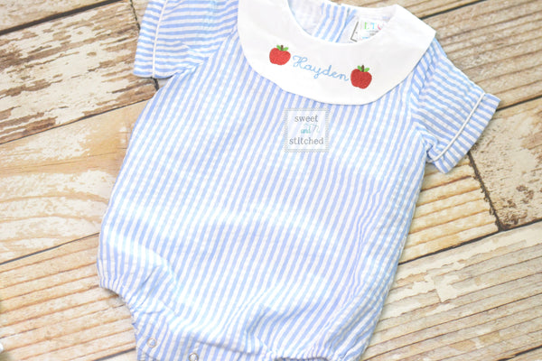 Monogrammed baby boy back to school bishop bubble, monogrammed boys apple back to school romper, seersucker preschool outfit with apples