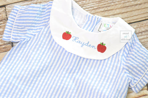 Monogrammed baby boy back to school bishop bubble, monogrammed boys apple back to school romper, seersucker preschool outfit with apples