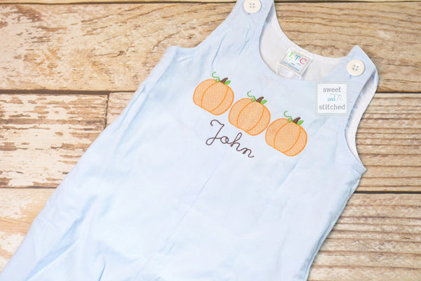 Monogrammed boys pumpkin overalls in baby blue corduroy, Boys halloween fall outfit with pumpkins, baby boy thanksgiving outfit