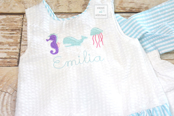 Baby girl swing back bloomer set in aqua with sea animals, summer baby girl outfit, mermaid cake smash bloomer set, 1st birthday outfit