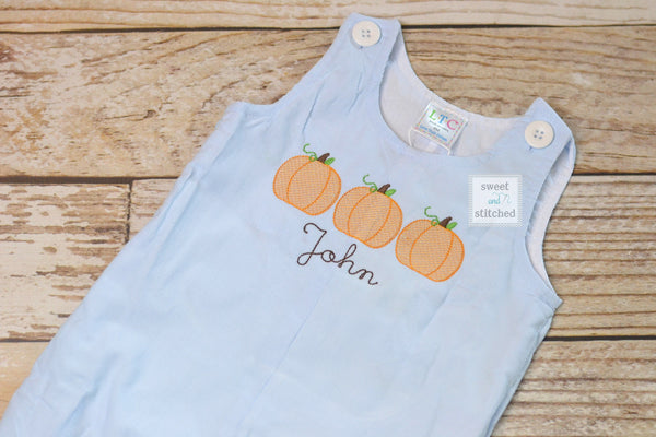 Monogrammed boys pumpkin overalls in baby blue corduroy, Boys halloween fall outfit with pumpkins, baby boy thanksgiving outfit