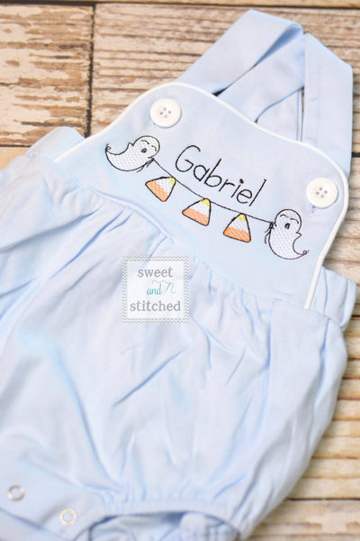 Monogrammed boys ghost halloween romper in baby blue, Boys halloween outfit with candy corn, baby boy bubble romper