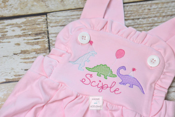 Monogrammed baby girl Birthday romper with dinosaurs, dinosaur birthday outfit, dinosaur themed cake smash outfit, balloon birthday outfit