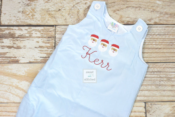 Monogrammed boys Christmas overalls in baby blue corduroy, Boys Christmas outfit with Santa design, baby boy Holiday outfit