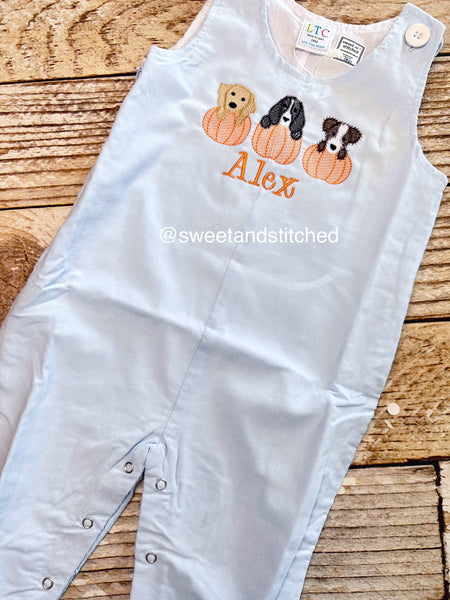 Monogrammed boys pumpkin overalls in baby blue corduroy, Boys halloween fall outfit with dogs and pumpkins, baby boy thanksgiving outfit